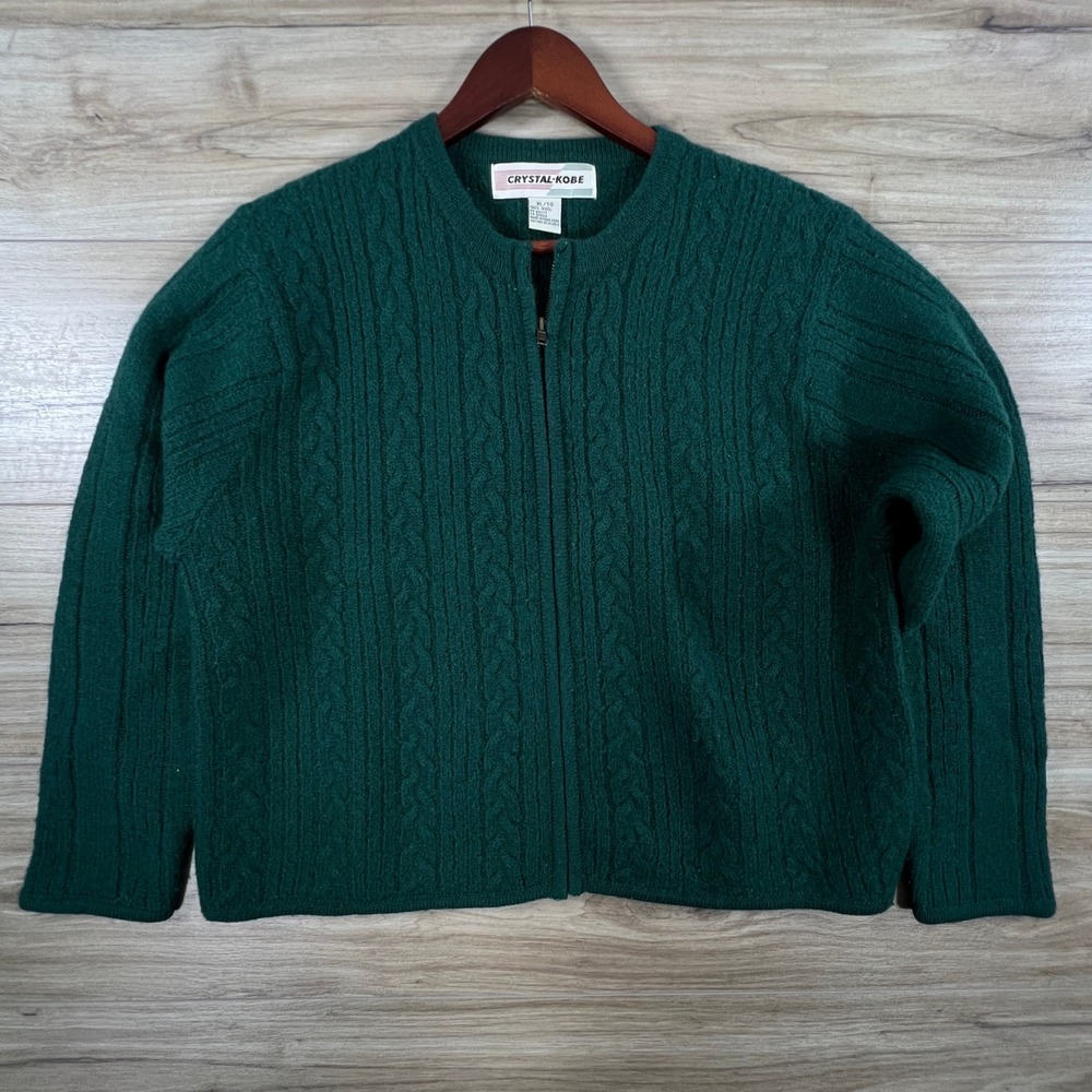 Crystal-Kobe Womens XL Hunter Green 100% Wool Cable Knit Full Zip Cardigan VTG